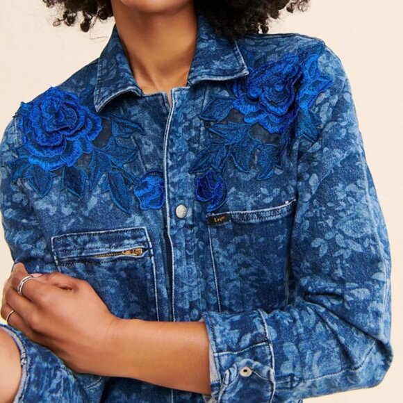 Tricia Fix embellished upcycled floral denim jumpsuit ~ L - Picture 4 of 10